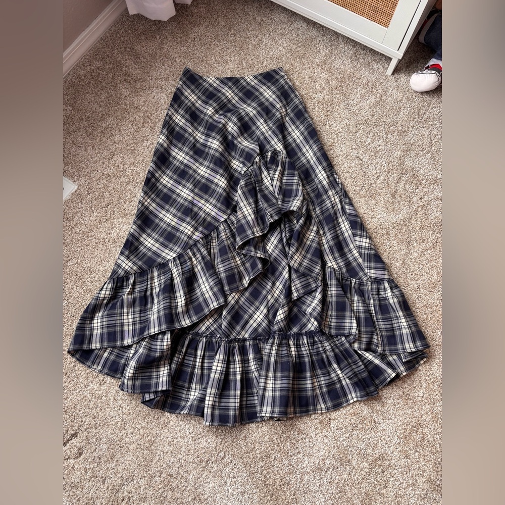 Plaid High Low Midi Skirt